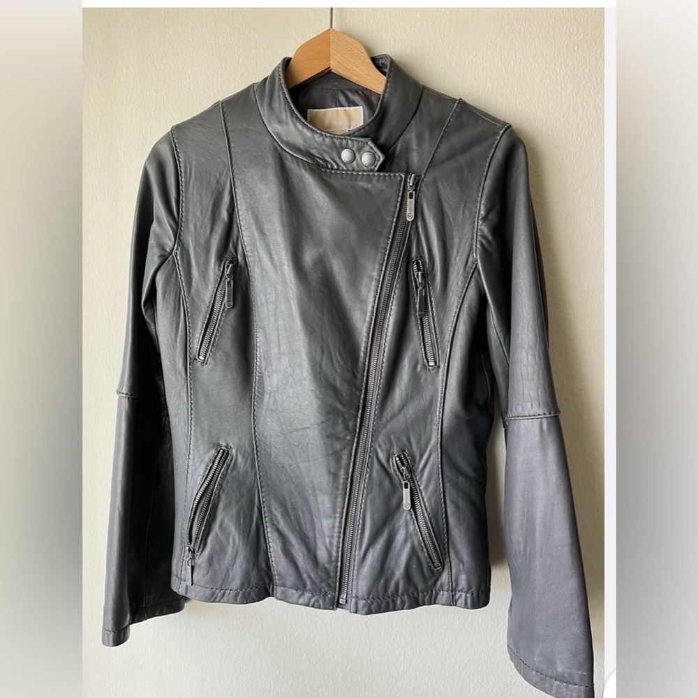 MICHAEL Michael Kors Women’s Charcoal Gray Leather Jacket, Size Medium